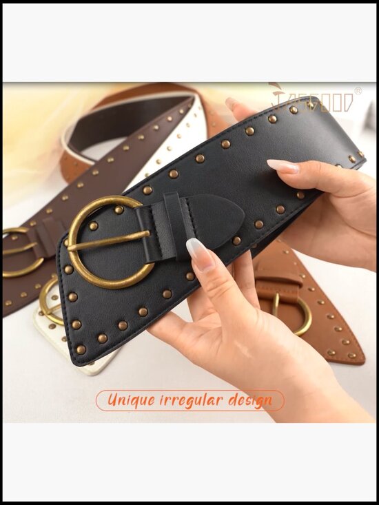 Wide Waist Belt with Rivet Studs Faux Leather Gold Buckle